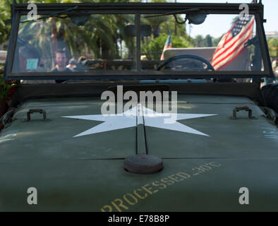 Haube eines Jahrgangs amerikanischen Jeep aus dem zweiten Weltkrieg die amerikanische Flagge in Erinnerung an die Befreiung Frankreichs. Stockfoto