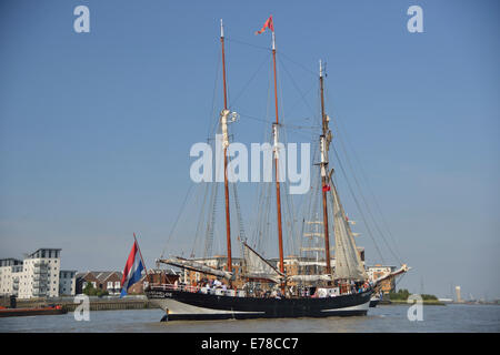 London, UK. 8. Sep, 2014.Royal Greenwich groß Schiffe 2014 - Tagesausflug für die Öffentlichkeit über niederländische Großsegler "Oosterschelde" entlang der Themse in der Nähe von Woolwich Credit Woolwich Reach: Wendy Johnson/Alamy Live News Stockfoto