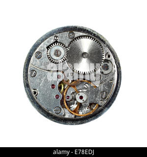 Alten zerkratzt Uhrwerk Makro Nahaufnahme isoliert auf weißem Hintergrund. Über alle Bild scharf Stockfoto