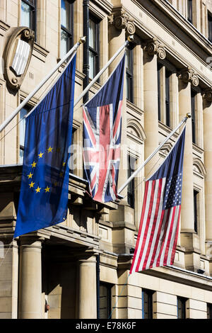 USA, EU und Union Jack-Flaggen Stockfoto