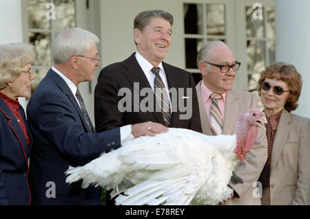 Präsident Ronald Reagan, der an einer feierlichen Zeremonie in Washington, D.C. teilnimmt, spiegelt die Rolle des Präsidenten bei nationalen Veranstaltungen und Regierungsangelegenheiten während seiner Regierung wider. Stockfoto