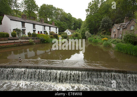 Wasser läuft über Wehr aus See mit weiß lackierten Cottages und bunten Gärten am Ufer im englischen Dorf Lymm Stockfoto