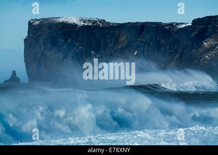 Wellen brechen sich am Renisfjara-Strand vor der Dyrhólaey Landzunge, Süden Islands Stockfoto