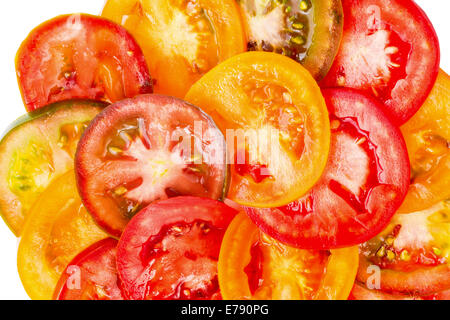 Großen abstrakten Hintergrund der gesunden Naturkost verschiedener Farbe Tomatenscheiben, frische Bio-Lebensmittel Stockfoto