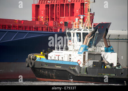 Schlepper bewegen Containerschiff Dock Docking Stockfoto