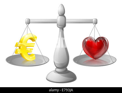 Geld oder Liebe Work-Life-Balance Waagen, Waagen mit einem Euro-Zeichen auf der einen Seite und ein Herz auf der anderen Stockfoto