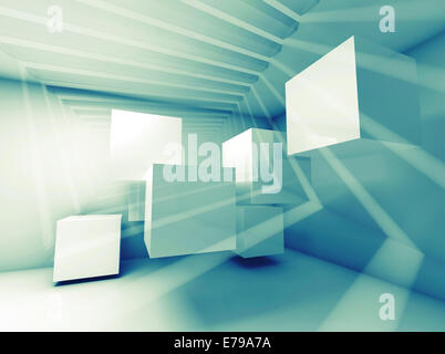 Abstrakt blau grüne Landesinnere mit fliegenden Würfel und Lichtstrahlen Stockfoto