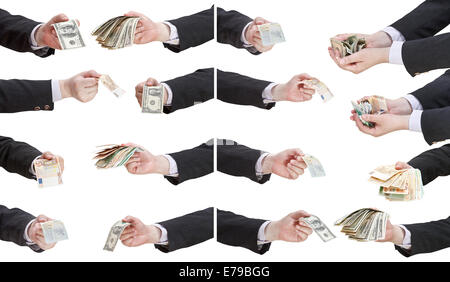 Satz von Banknoten in Geschäftsmann Hände isoliert auf weißem Hintergrund Stockfoto