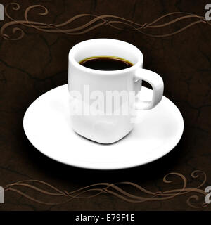 Weiße Tasse Kaffee auf einem dunklen braunen Hintergrund. Gezeichnete Elementen dekoriert. Stockfoto