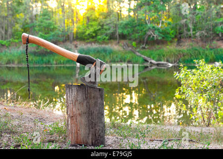 Axt im Protokoll auf See und Wald Hintergrund Stockfoto