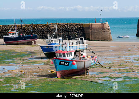 Angelboote/Fischerboote bei Ebbe in Folkestone Hafen an einem sonnigen Sommertag Stockfoto