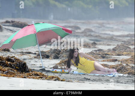 Ashley Greene zeigt ihren Beach-Body im Vintage-Stil Badeanzug am Set von "The Shangri-La Suite" schießen auf Position in Redondo Beach. Die Schauspielerin, die Priscilla Presley im Film darstellen, wurde entdeckt, liegen am Strand lesen ein bo Stockfoto