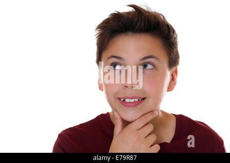 Jungen denken, auf einem weißen Hintergrund isoliert Stockfoto