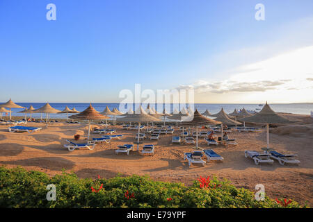 Strohschirme am Strand bei Sonnenuntergang im Ferienort Sharm El Sheikh Stockfoto