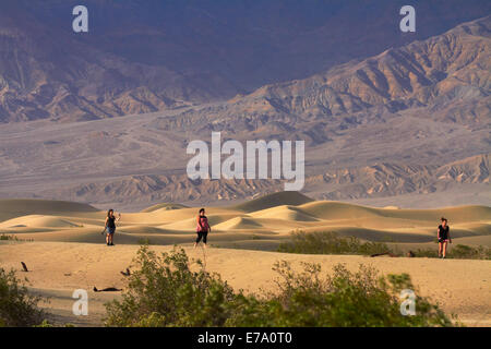 Touristen auf flachen Dünen Mesquite und Grapevine Bergen, nahe Stovepipe Wells, Death Valley Nationalpark, Mojave-Wüste Stockfoto