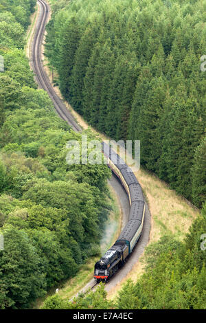 Ein Dampfzug schlängelt sich über Levisham Moor an der Bahnlinie von North Yorkshire Dampf Stockfoto