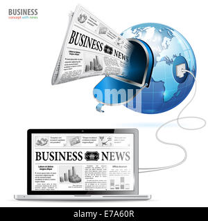 Globale Technologie-Business-Konzept - Laptop mit Erde und Business News, isoliert auf weißem Hintergrund Stockfoto