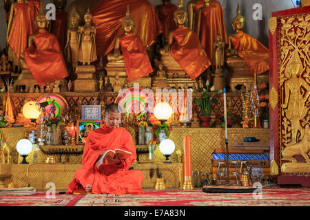 Junge buddhistische Mönch Lesung Gebetbuch in Laos Tempel Stockfoto