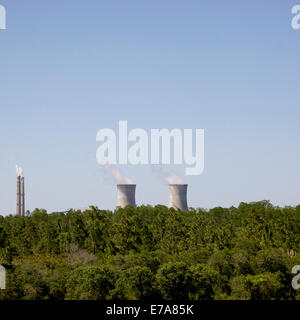 Ein Kernkraftwerk in Ferne, Wald im Vordergrund Stockfoto