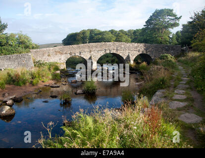 Historischen Lastesel-Brücke bei Postbridge, Dartmoor Nationalpark, Devon, England, die Überquerung des Flusses East Dart Stockfoto