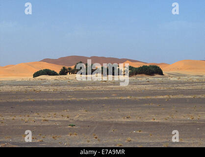 Straße und Sand Berge in der Wüste gegen den klaren Himmel, Sahara, Provinz Al Haouz, Marokko Stockfoto