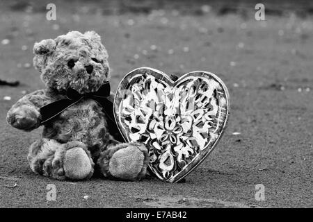 Schwarz und Weiß, Teddybär am Strand mit einem Herz aus Holz Stockfoto