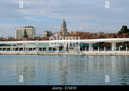 El Palmeral de Las Sorpresas Uferpromenade am Hafen, Kathedrale von Málaga an der Rückseite, Málaga, Costa Del Sol Stockfoto