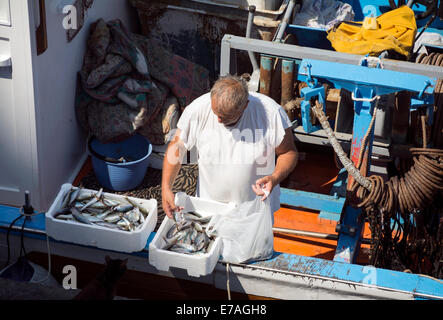 Ein Fischer Fische direkt aus seinem Boot zu verkaufen. Stockfoto