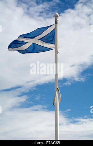 Das Andreaskreuz oder schottische Andreaskreuz Flagge weht im Wind vor blauem Himmel. Stockfoto