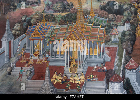 Szene aus dem Ramakien (Thai Ramayana) in einer Wandmalerei im Wat Phra Kaeo in Bangkok, Thailand. Stockfoto