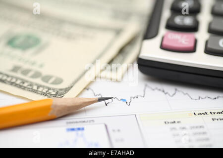 Jahresabschluss, Business-Grafik oder Tabelle, Taschenrechner, Bleistift und 100 US-Dollar. Geringe Schärfentiefe. Closeup. Stockfoto