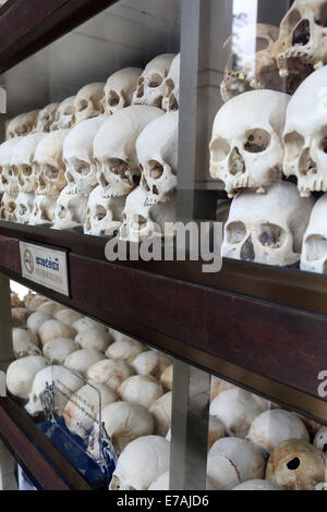 Schädel auf dem Display an der Choeung Ek Genozid-Denkmal in der Nähe von Phnom Penh, Kambodscha. Stockfoto