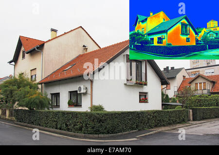 Wärmebild eines Hauses, zeigt Wärmeverlust durch schlechte Dachdämmung