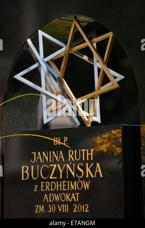 Grabstein mit Stern Davids auf dem Neuen Jüdischen Friedhof in Kazimierz, Krakau, Polen im September Stockfoto