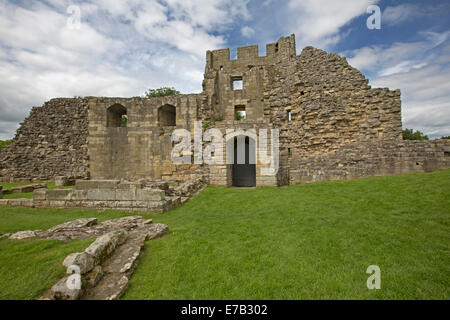 Ruinen des historischen Schlosses mit grünen Wiesen und blauem Himmel in Warkworth Northumberland, England Stockfoto