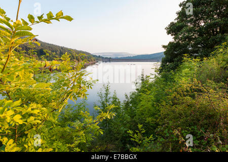 Blick durch Bäume südlich über Ladybower Vorratsbehälter in Richtung Staudamm, Derbyshire, England, UK Stockfoto