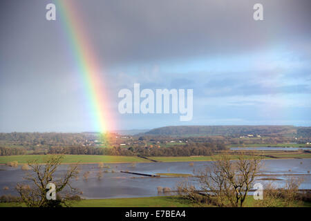 Ein Regenbogen endet am überfluteten Ackerland in der Nähe von Muchelney in Somerset. 4. Februar 2014 Stockfoto