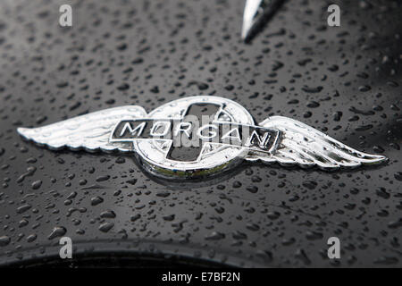 Ein Morgan Auto Emblem im Regen. Die Kleinserien-Sportwagen-Hersteller hat seinen Sitz in Malvern, England. Stockfoto