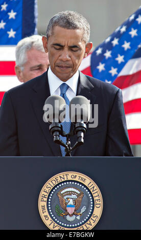 US-Präsident Barack Obama liefert Bemerkungen anlässlich des Jahrestages der Terroranschläge von 9/11 im Pentagon 11. September 2014 in Arlington, Virginia. Stockfoto