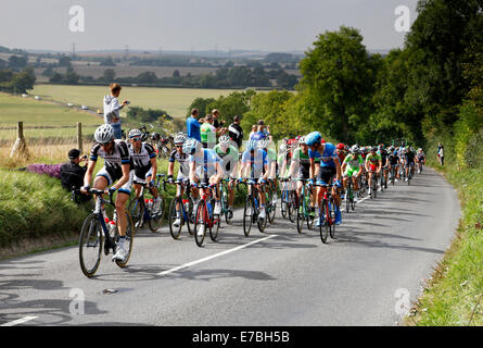 Das Hauptfeld auf der 6. Etappe der Tour of Britain, verlassen die Vale of Pewsey in der Nähe von East Grafton auf die A338, 12.09.14. Bildnachweis: Chris Lock/Alamy Live-Nachrichten Stockfoto