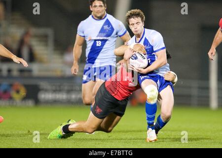 Salford, UK. 12. Sep, 2014. Super League-Rugby. Salford Reds versus Widnes Wikinger. Widnes Wikinger scrum halb Joe Mellor in Aktion. Bildnachweis: Aktion Plus Sport/Alamy Live-Nachrichten Stockfoto