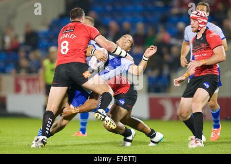 Salford, UK. 12. Sep, 2014. Super League-Rugby. Salford Reds versus Widnes Wikinger. Salford Red Devils prop Adrian Morley in Aktion. Bildnachweis: Aktion Plus Sport/Alamy Live-Nachrichten Stockfoto