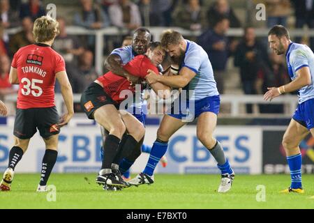 Salford, UK. 12. Sep, 2014. Super League-Rugby. Salford Reds versus Widnes Wikinger. Salford Red Devils prop Adrian Morley in Aktion. Bildnachweis: Aktion Plus Sport/Alamy Live-Nachrichten Stockfoto