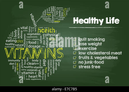 Gesundes Leben-Steps-Grafik mit Vitaminen Word Cloud Apple auf grüner Grundplatte Stockfoto