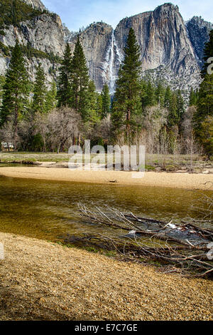 Yosemite Falls vom Tal aus gesehen. Yosemite Nationalpark, Kalifornien Stockfoto