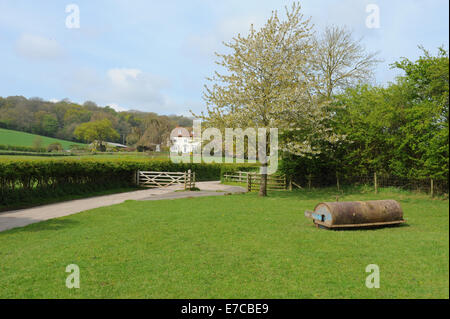 Schafe und Lämmer auf einem Bauernhof in der Nähe von Warwickshire Dorf von Wooton Wawen in den Midlands, England, UK Stockfoto