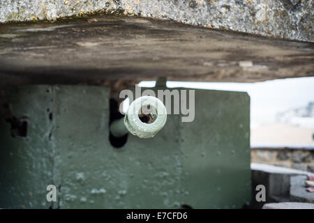 Deutsch WW1 Bunker bewaffnet mit zwei zweiten Weltkrieg Kanone am Deich an Saint-Aubin-Sur-Mer, Normandie, Frankreich Stockfoto