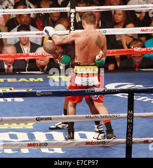 Las Vegas, Nevada, USA. 13. Sep, 2014. Las Vegas, Nevada, USA. 13. Sep, 2014. Herausforderer Marcos Maidana ringt Boxen Weltmeister Floyd Mayweather während "MAYHEM: Mayweather Vs Maidana 2' am 13. September 2014 im MGM Grand Arena in Las Vegas, Nevada-Credit: Marcel Thomas/ZUMA Draht/Alamy Live News Stockfoto