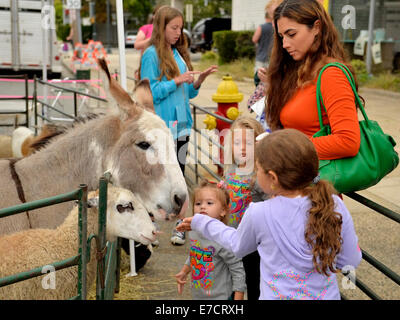 Merrick, New York, USA. 13. September 2014. Junge Mädchen und Eltern füttern Schafe und Esel im Streichelzoo auf der 23. jährlichen Merrick Herbst Festival & Street Fair in s Long Island. Bildnachweis: Ann E Parry/Alamy Live-Nachrichten Stockfoto