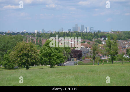 Blick auf die Isle of Dogs aus Blythe Hill, London Borough of Lewisham. UK-2014 Stockfoto